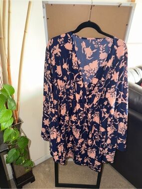 SHEIN Blue and Blush Pink Floral Curvy 2XL V-Neck Dress